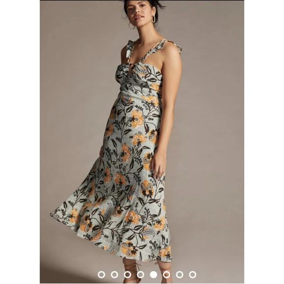 Antropologie Linen Blend Floral Halter Dress, Size 14 - Picture 1 of 8
